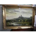 A gilt framed oil on canvas rural scene with cathedral in backgroung signed D M Everit, COLLECT