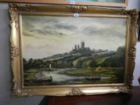 A gilt framed oil on canvas rural scene with cathedral in backgroung signed D M Everit, COLLECT