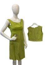 A vintage lime green dress with additional front panel (decorative) and a lime green top with