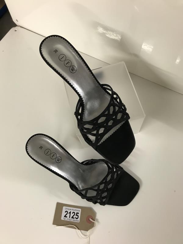 JFW, Italian designer shoes, black suede lattice front high heeled mules, shoes 3 " heels, size 38, - Image 3 of 3