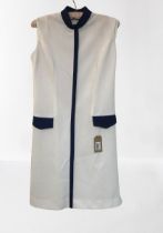 A Vintage 1970's Day Dress. Jersey Court by Elsie Whitley white with Navy Trim Size 12