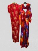 Two outfits 1 Chinese red oriental dress and 1 multi coloured chiffon dress with scarf