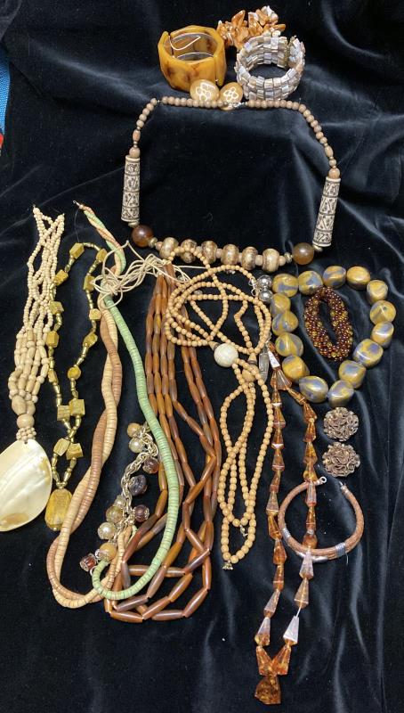 A selection of costume jewellery including Agate, wood, beads etc