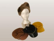 Four Hats. 1x Mink Fur 3x Retro Style hats / Caps