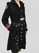 Designer all beautiful full length wool blend coat, embordered to front and back, size 38/10