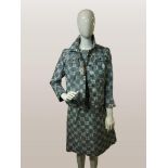 Vintage 1960's sylvia mills London geometric pale blue lined belted dress and jacket, marked as size
