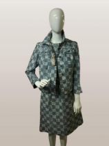 Vintage 1960's sylvia mills London geometric pale blue lined belted dress and jacket, marked as size