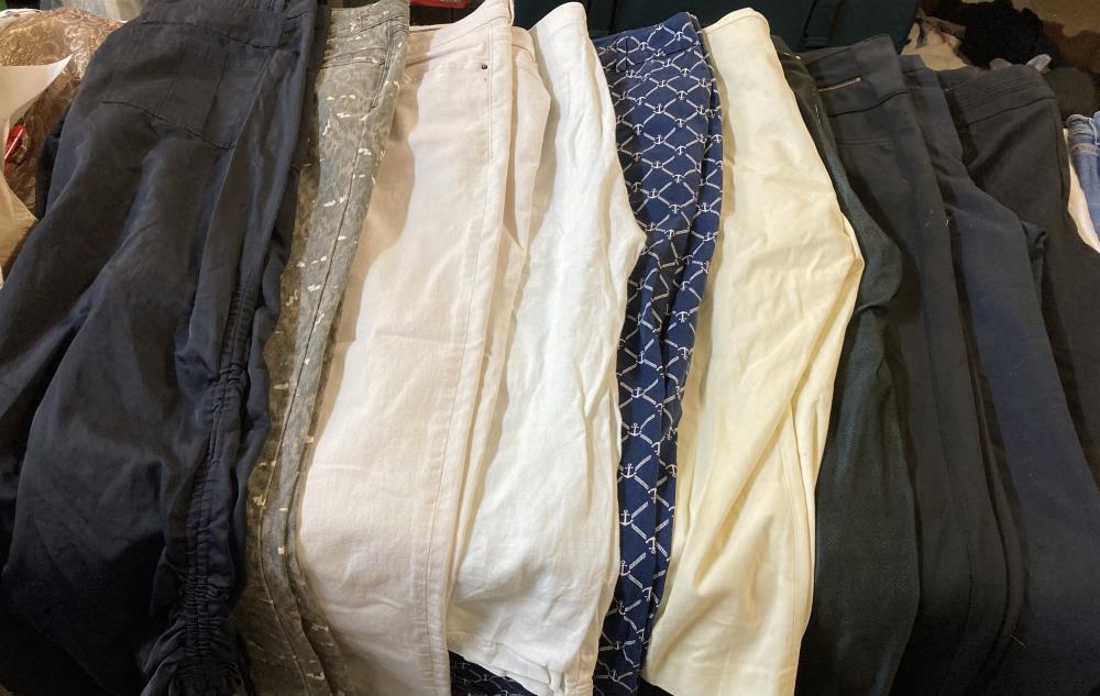 A quantity of full & 3/4 length trousers, dresses & work trousers in various sizes