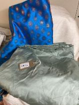 Green swirl silk fabric.221in long x56in wide. Cream/Pink fabric 146in x 47in. Blue/Gold fabric 84in