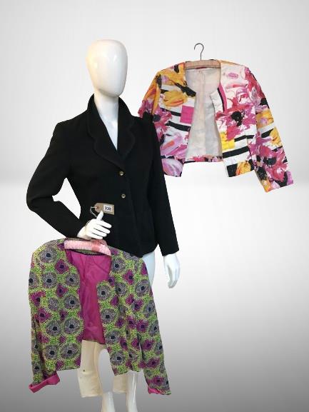 Three Jackets 1x Wallis Black size 12. 1x TU Multi coloured Size 16. 1x Peulggi Italy Size 40