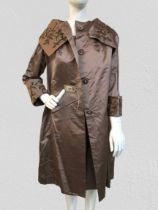 A vintage 1950's couture bronze silk handmade, hand beaded cape style coat, matching dress