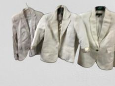 Three white suit jackets, 1 designer Mango, 1 St martin 1 Zara