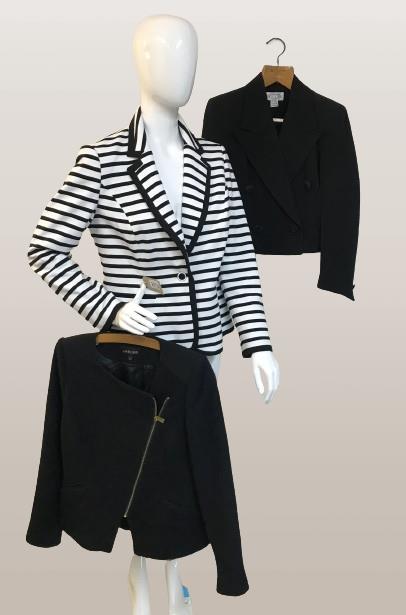 Thress Jackets. 1x Per Una black & white Stripe size 14. 1x Jaeger Black size 12 1x Arabella