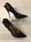 Kazar black leather high heeled shoes, 4" stiletto heel, tassel backs size 39, 6