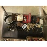 A mixed box of costume jewellery and ring boxes etc