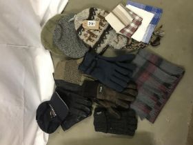 A selection of mens hats, gloves hankies and scarf