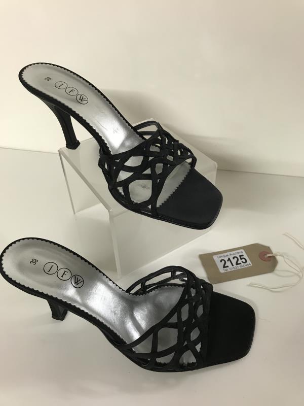 JFW, Italian designer shoes, black suede lattice front high heeled mules, shoes 3 " heels, size 38,