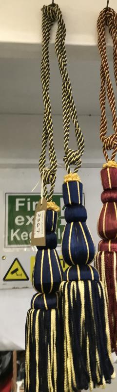 One pair of royal blue & gold curtain tie backs with tassels