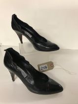 Carmen sales, Spanish designer, black leather high heeled shoes, 3" heels, size 38 1/2, 41/2