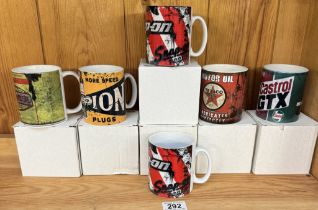 6 Petroliana themed mugs including Snap-on, Castrol & Champion spark plugs