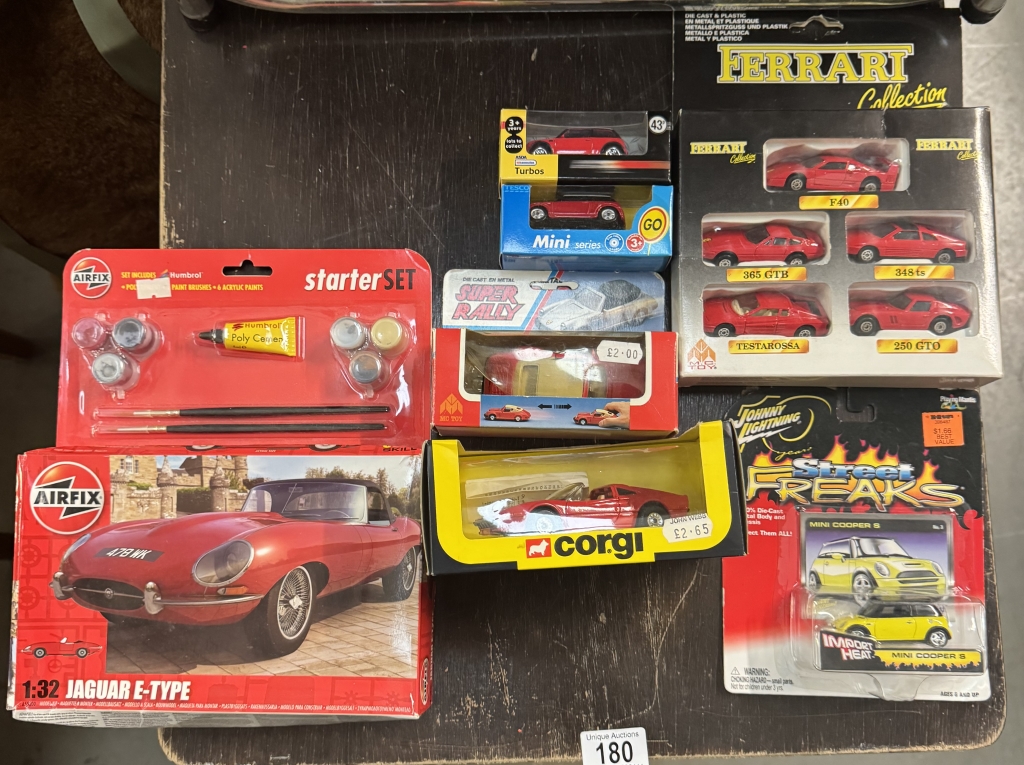 A Corgi 298 Ferrari 308GTS, AirFix Jaguar e-Type starter set, Johnny lightning etc