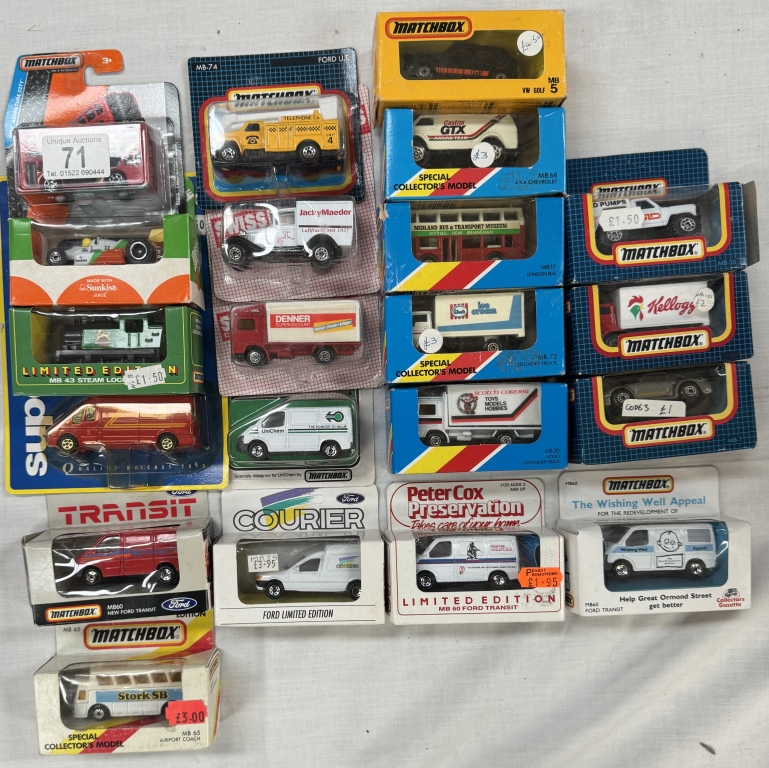 20 Matchbox models in boxes and blister packs and a Corgi transit van