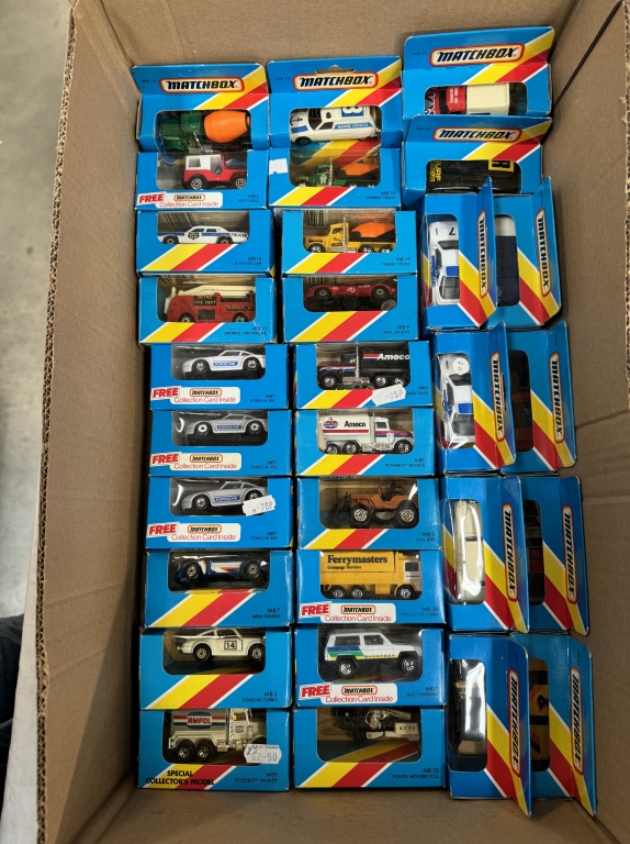 A box of boxed Matchbox cars