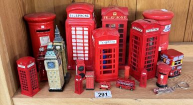 A selection of London tourist ware including Telephone money box, Big ben, Christmas decorations