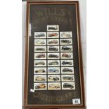 A framed set of reprint taddy & co cigarette cards of vintage cars