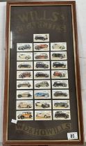 A framed set of reprint taddy & co cigarette cards of vintage cars