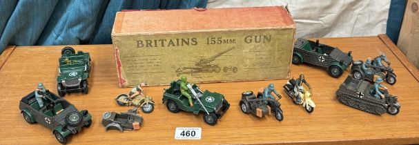 A boxed Britains artillery cannon & other mostly Britains military vehicles