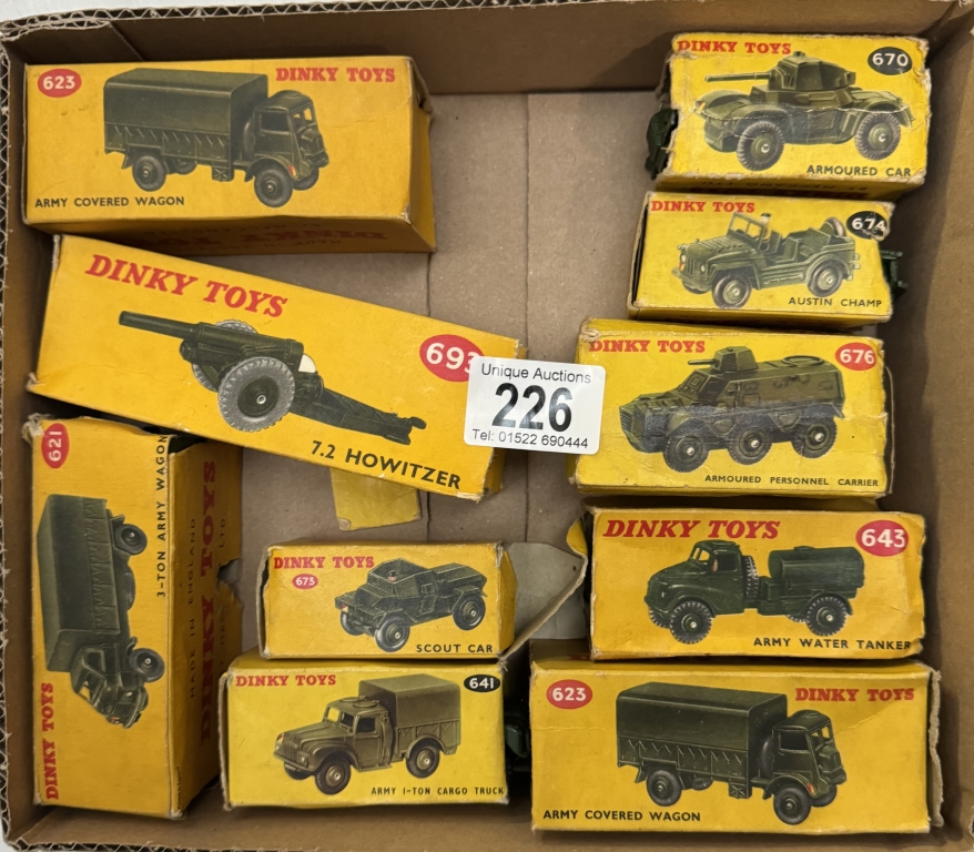 10 boxed dinky military vehicles in A/F boxes