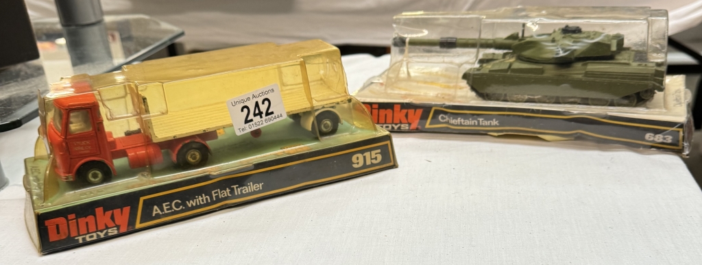 A Dinky 915 AEC with flat trailer & A 683 Chieftain tank