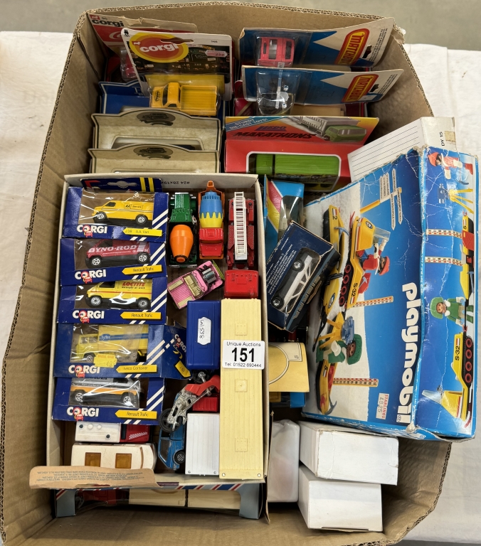 A large box of Matchbox cars etc including Corgi Yesteryear & Playmobile