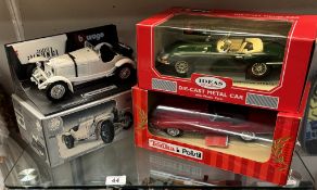 A boxed Burago Mercedes Benz SSKL (1931) desk pack , Tonka Polistil, & Burago Jaguar e-Type