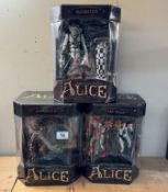 3 boxed American McGee's Alice in Wonderland figures, card guard, jabberwocky and mad hatter, as