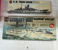 2 Vintage Airfix German battleship model kits 1/72 & 1/600 scale E-Boat & K.M Prinz Eugen
