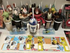 A quantity of Star Wars figure drinking cups with straws, 3 Valiant cups & 2 Shrek cups