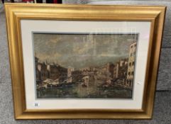 A framed & glazed tapestry of Venice, gondolas in water, image 33cm x 49cm, frame 59cm x 47cm