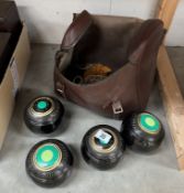 A set of 4 Tyrolite Taylor & Rolph lawn bowls, Size 5 1/6 Bias 3