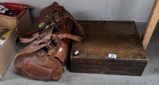 A vintage wooden printing box with rollers & A fishing bag