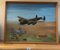 A painting on board of a Lancaster over cathedral
