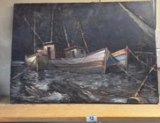 An oil on canvas of fishing boats signed LE Hawes Brazil 65 x 46cm