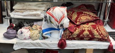 3 Decorative cushions, Ladies scarves, tablecloths & mens ties