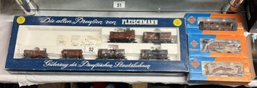 A Fleishmann HO4884 part train set & 3 boxed Roco goods wagons no 4206, 4210, 42075