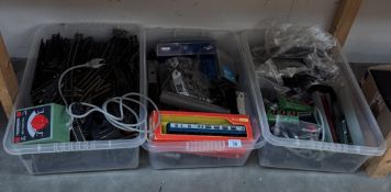 3 Boxes of track etc including Fleishmann power supplies, Triang Hornby coaches, Hornby Dublo
