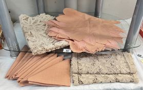 8 rose pink lily style placemats, 12 matching napkins, 2 ecru lace table runners & a small
