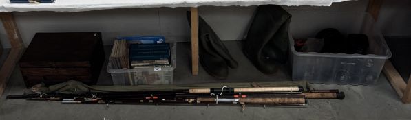A good collection of fishing items including Rods, Reels, Fishing box including weights, hooks,