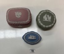 3 Items of Wedgwood Jasperware in pink, green & blue