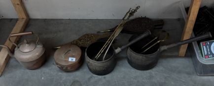 2 Victorian cast iron saucepans, copper kettle, brass bellows & an Air Ministry AM silver plate
